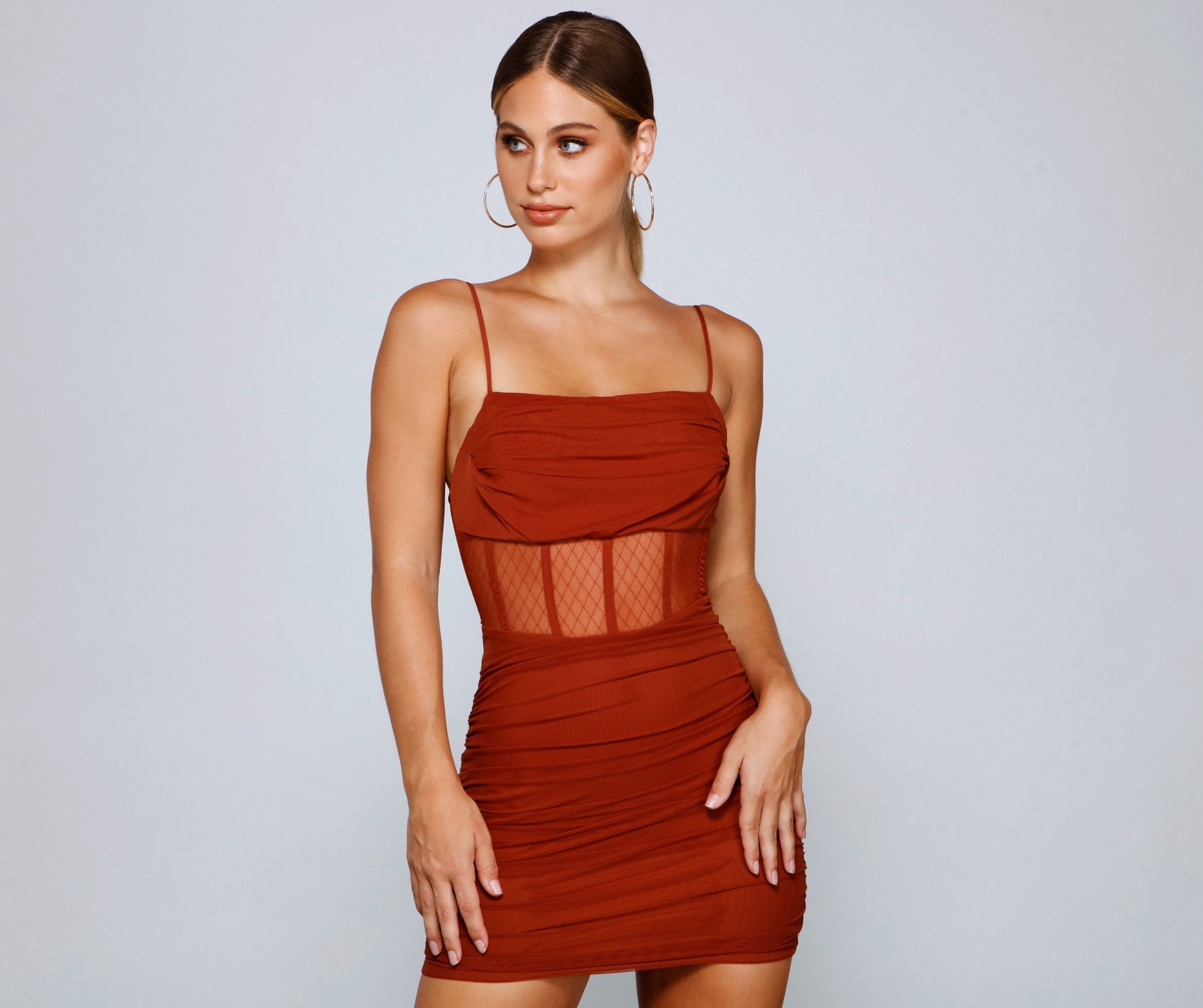 Cowl Neck Spaghetti Strap Corset Mesh Panel Ruched Bodycon Mini Dress