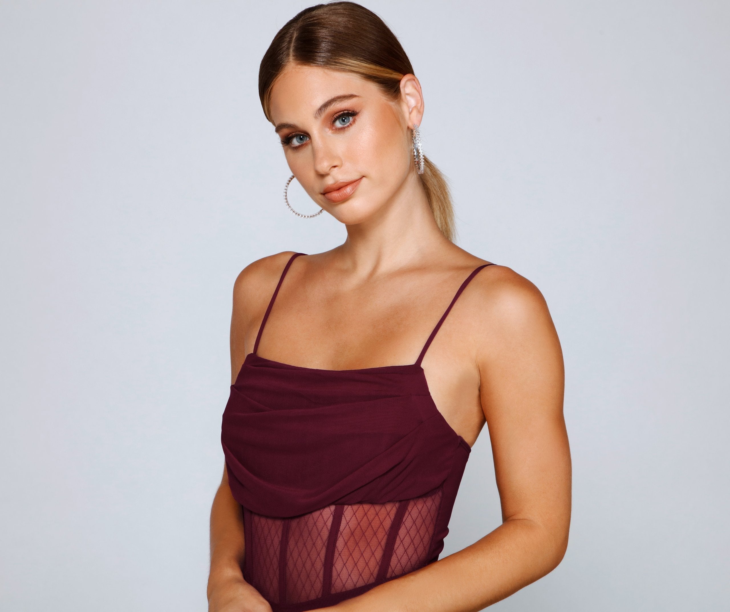 Cowl Neck Spaghetti Strap Corset Mesh Panel Ruched Bodycon Mini Dress
