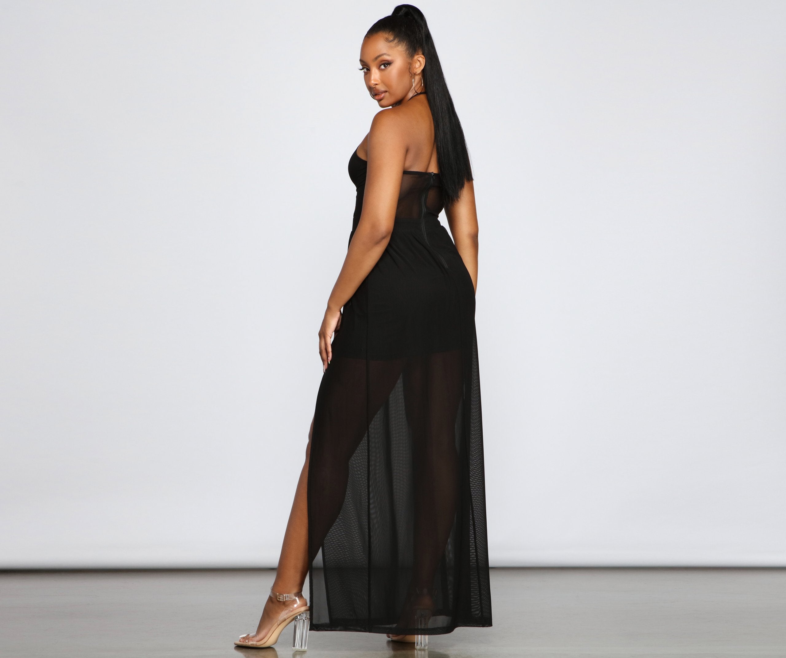 Chiffon Halter Plunging V-Neck High Slit Maxi Gown