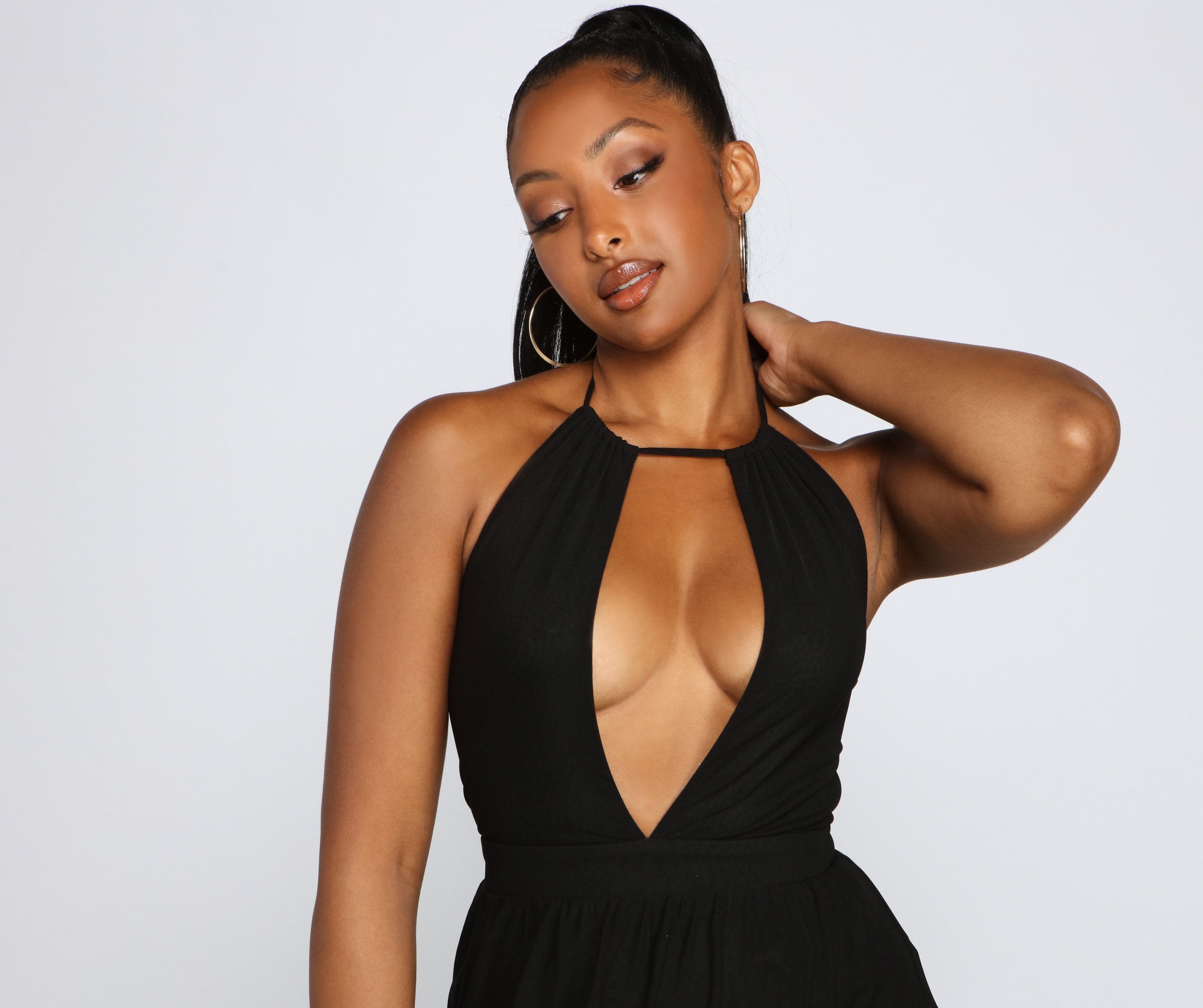 Chiffon Halter Plunging V-Neck High Slit Maxi Gown