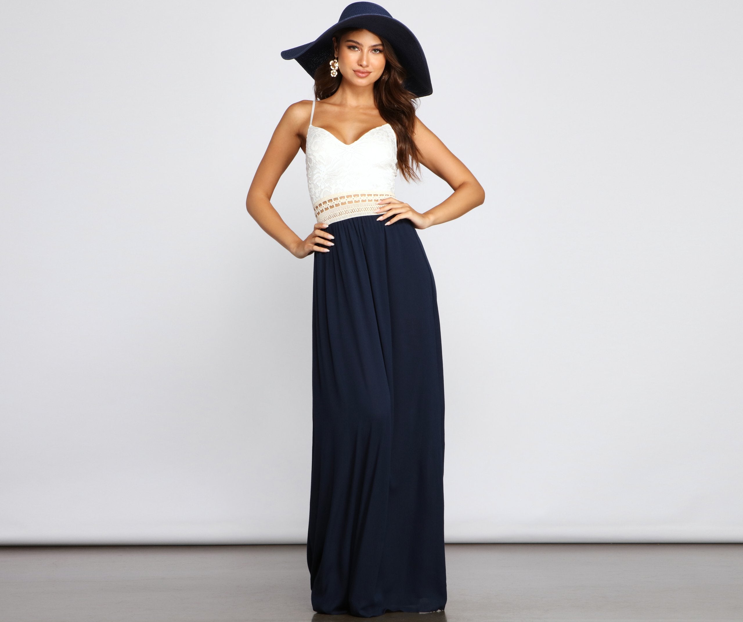 Crochet Lace Deep V-Neck Waist Ladder-Trim Paneled Maxi Dress