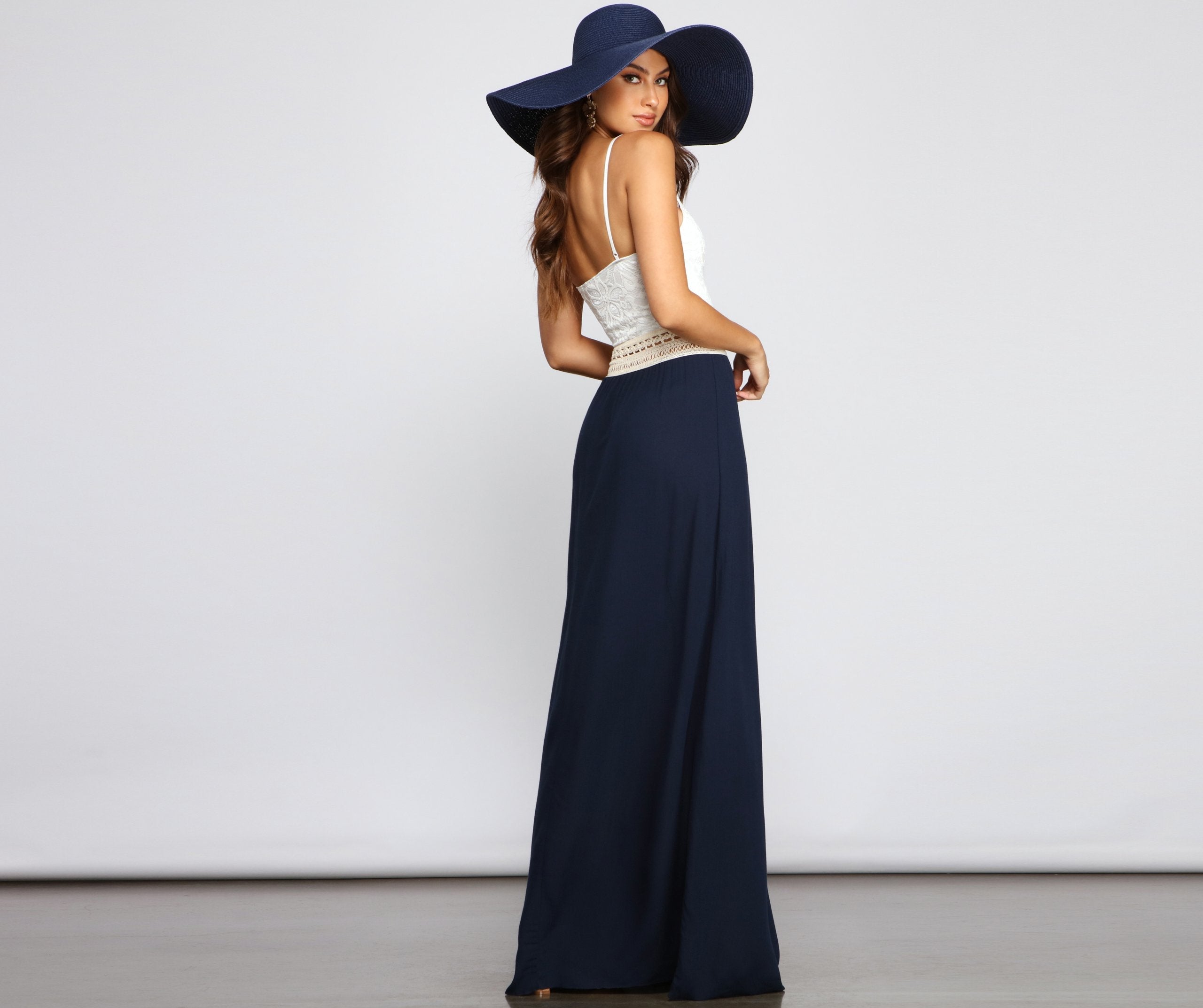 Crochet Lace Deep V-Neck Waist Ladder-Trim Paneled Maxi Dress