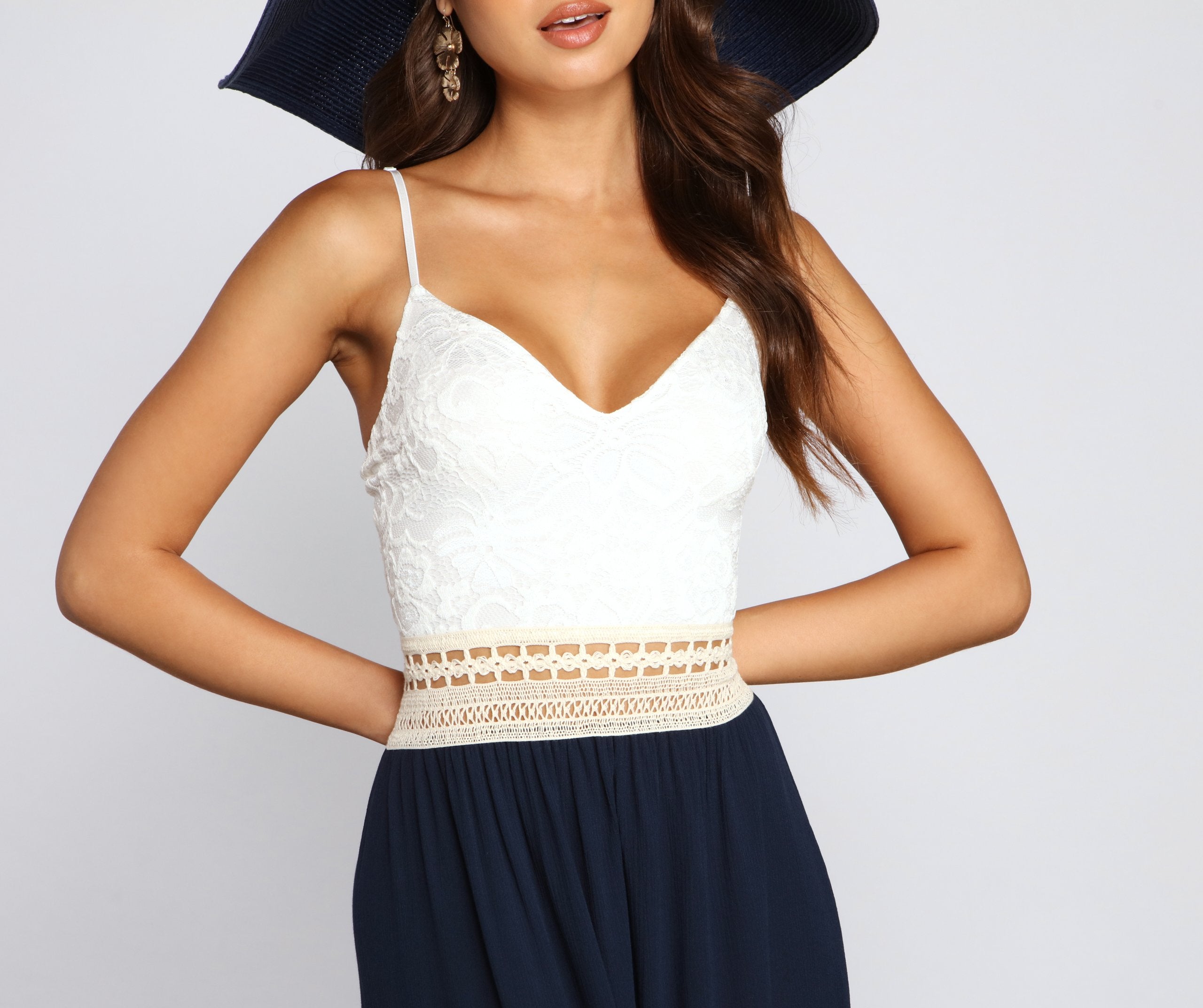 Crochet Lace Deep V-Neck Waist Ladder-Trim Paneled Maxi Dress