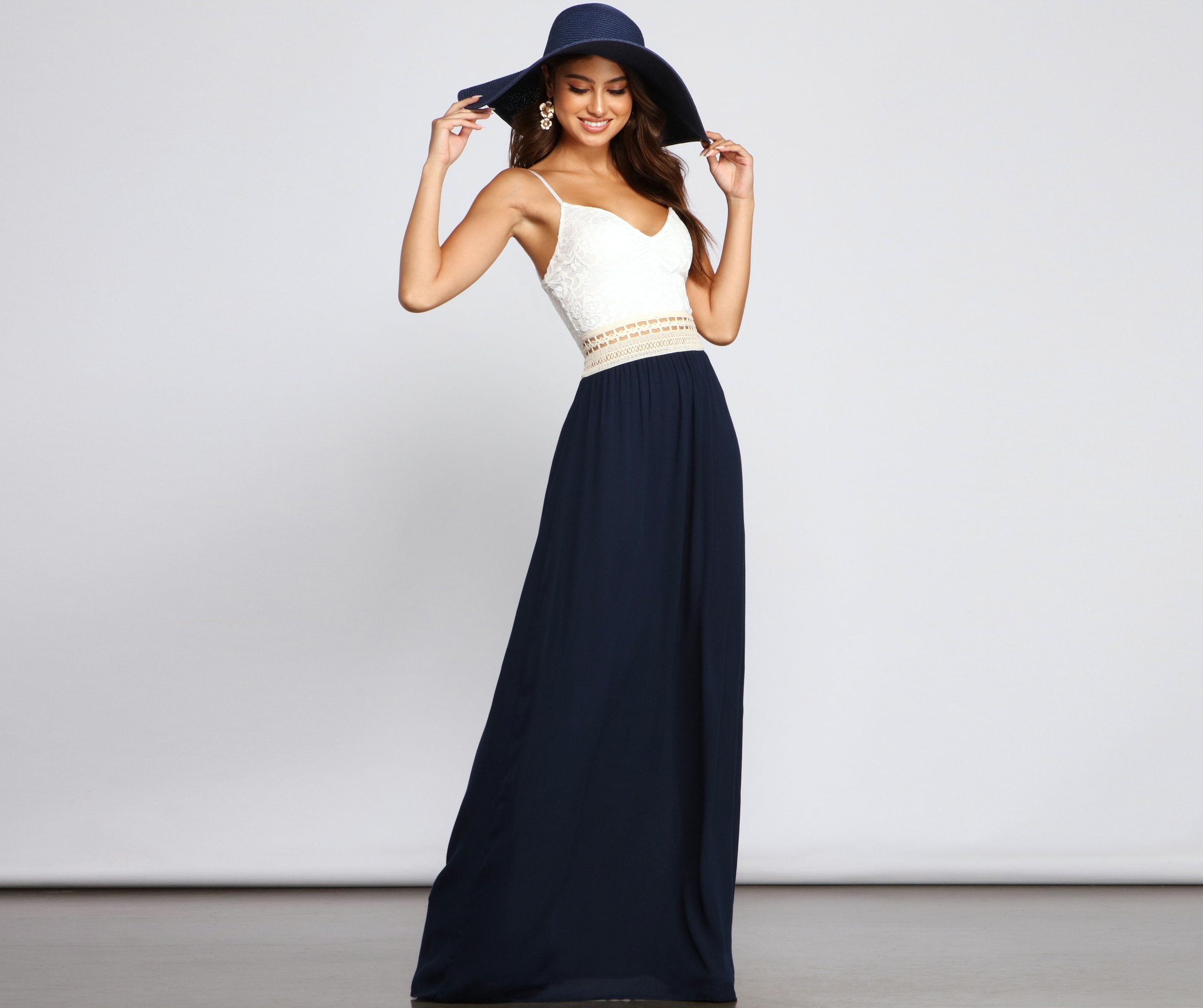 Crochet Lace Deep V-Neck Waist Ladder-Trim Paneled Maxi Dress