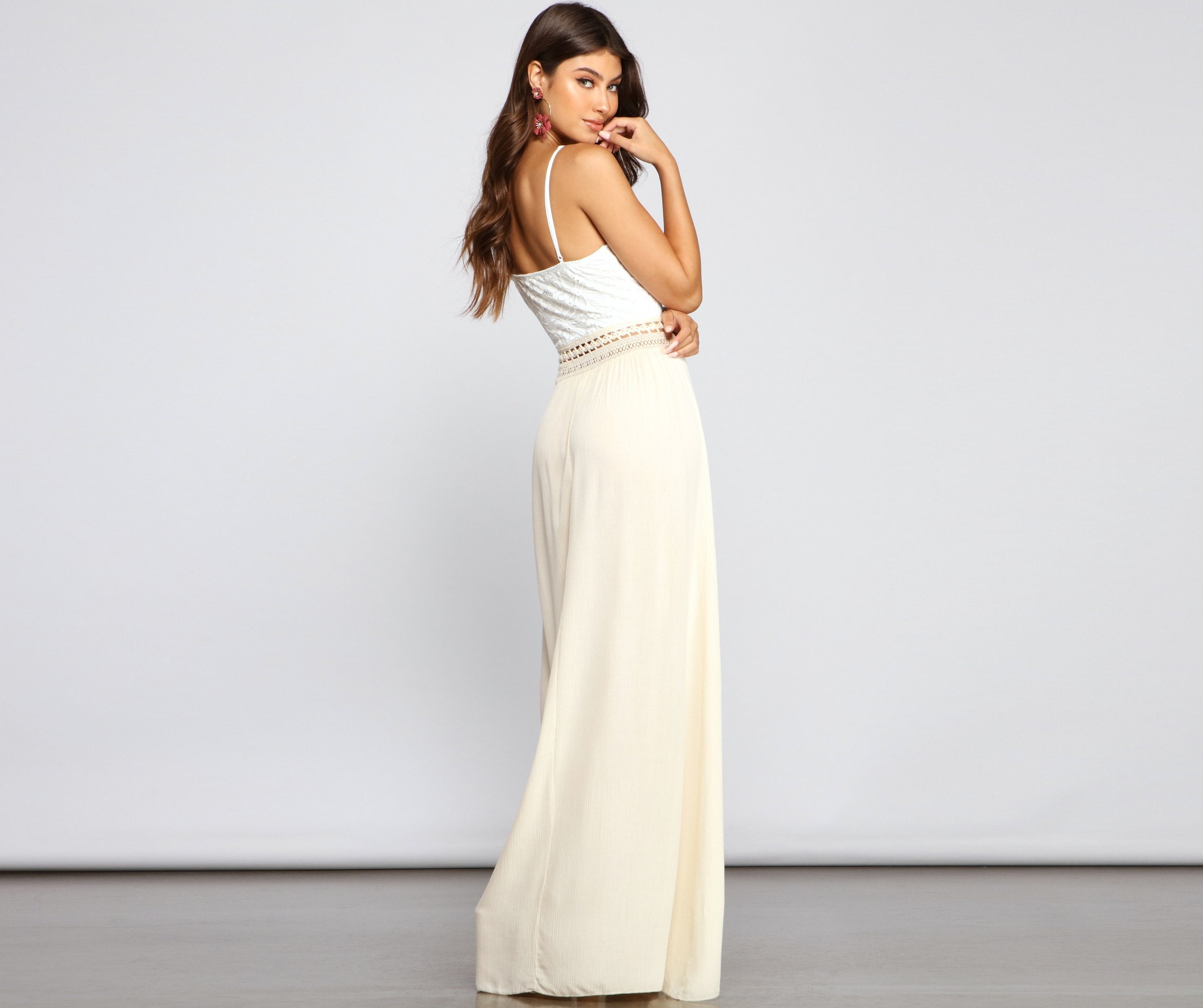 Crochet Lace Deep V-Neck Waist Ladder-Trim Paneled Maxi Dress