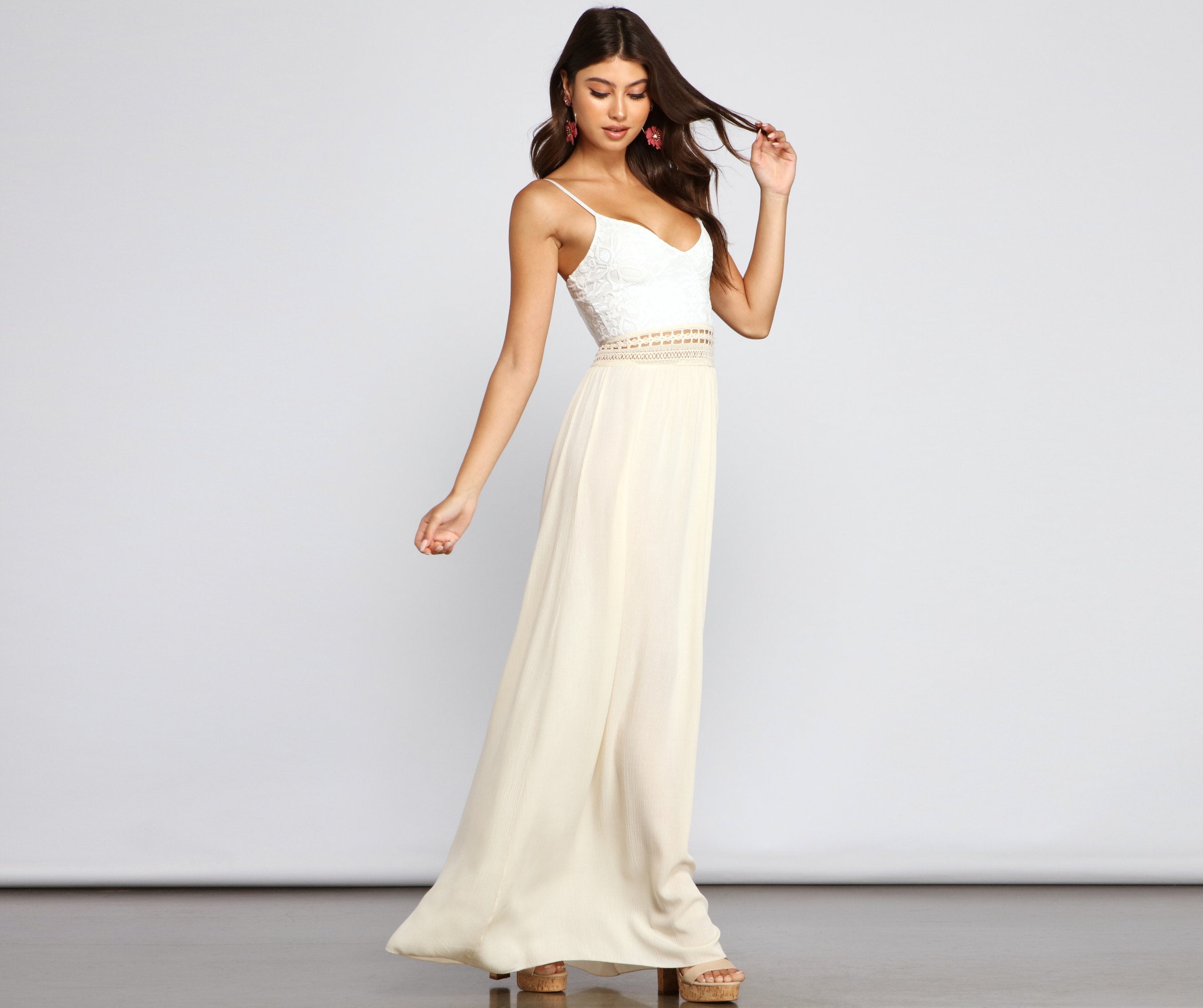 Crochet Lace Deep V-Neck Waist Ladder-Trim Paneled Maxi Dress