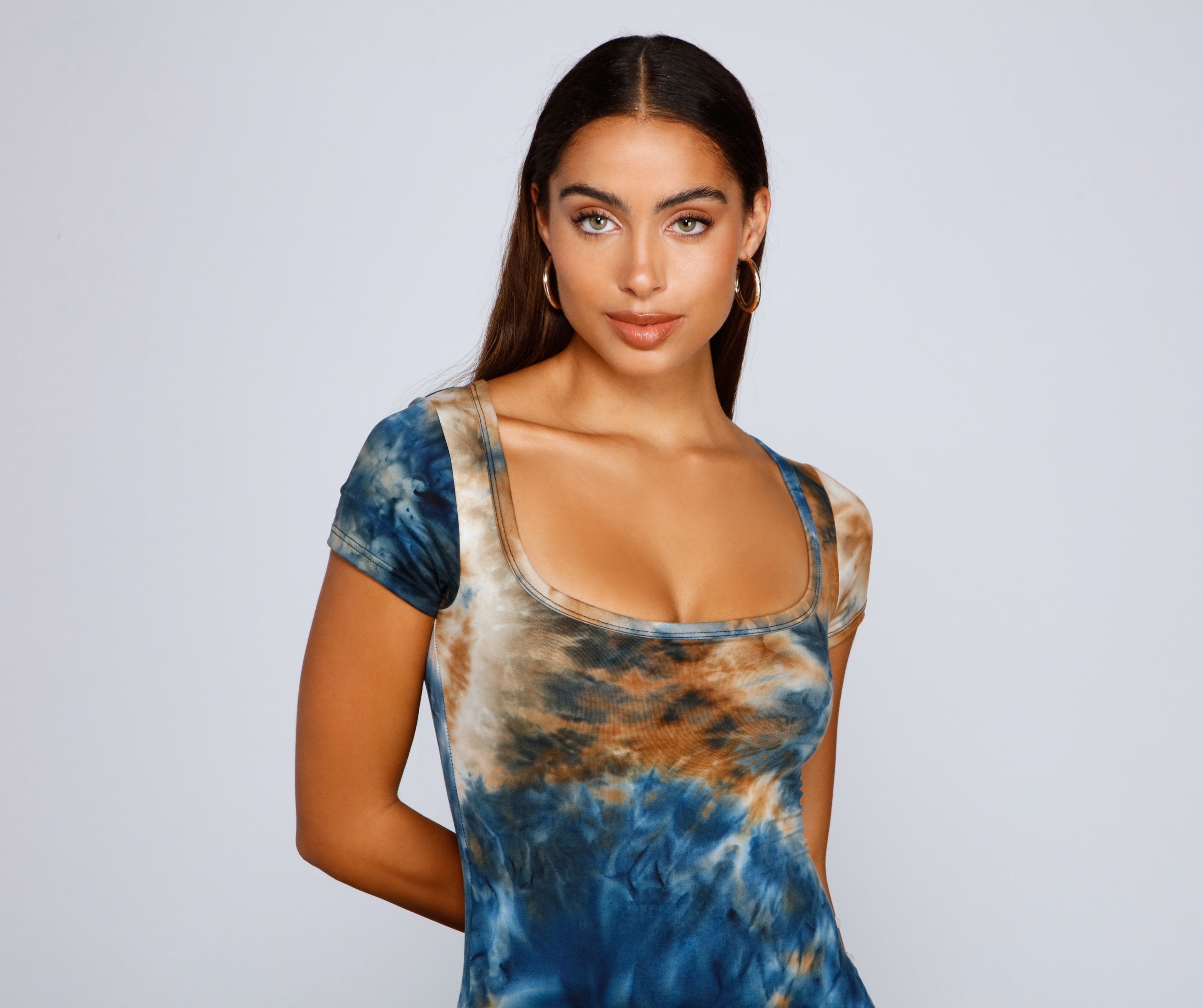 Tie-Dye Scoop Neck Cap Sleeve Bodycon Mini Dress