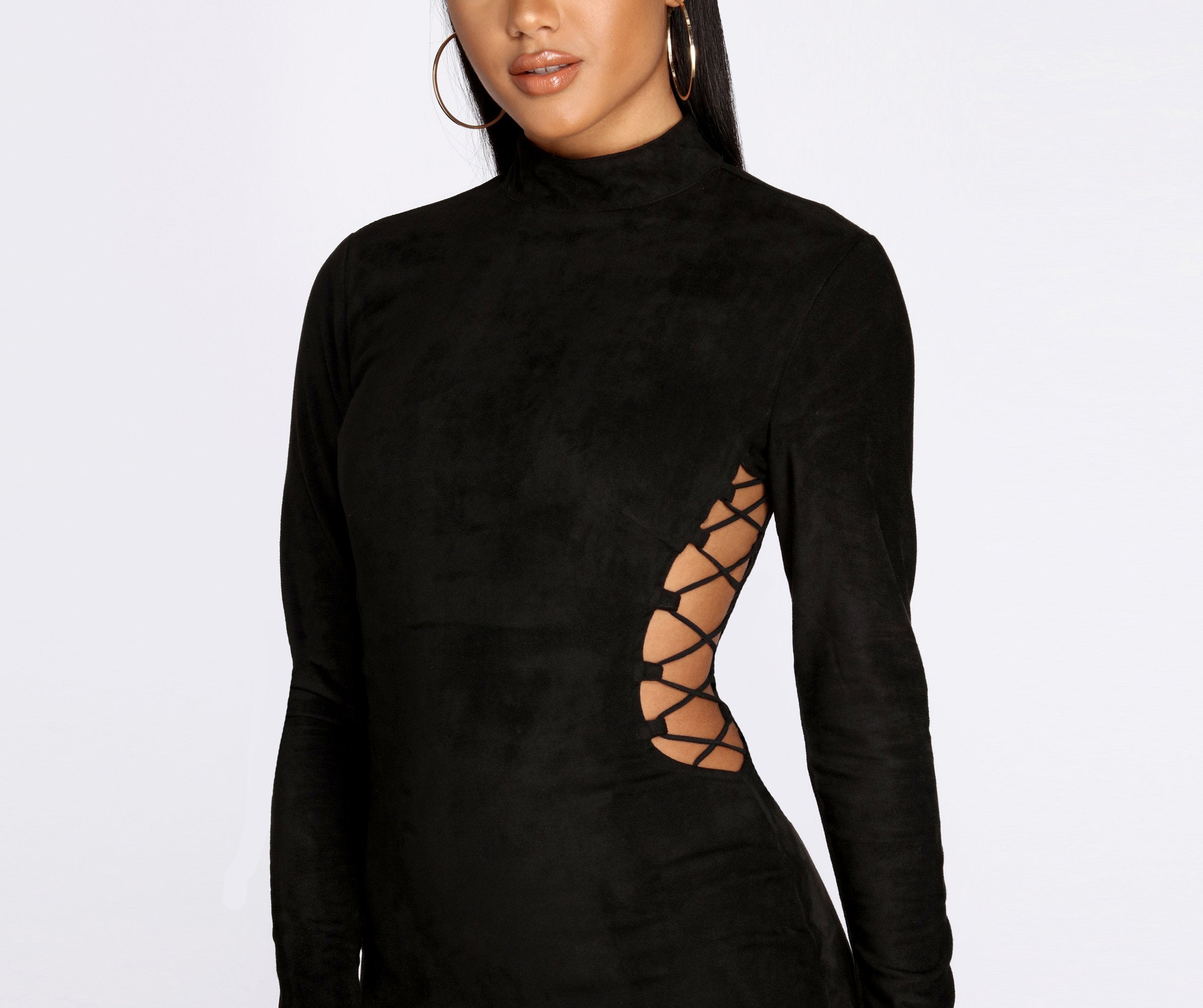 Mock Neck Lace Up Side Cut Out Faux Suede Bodycon Mini Dress