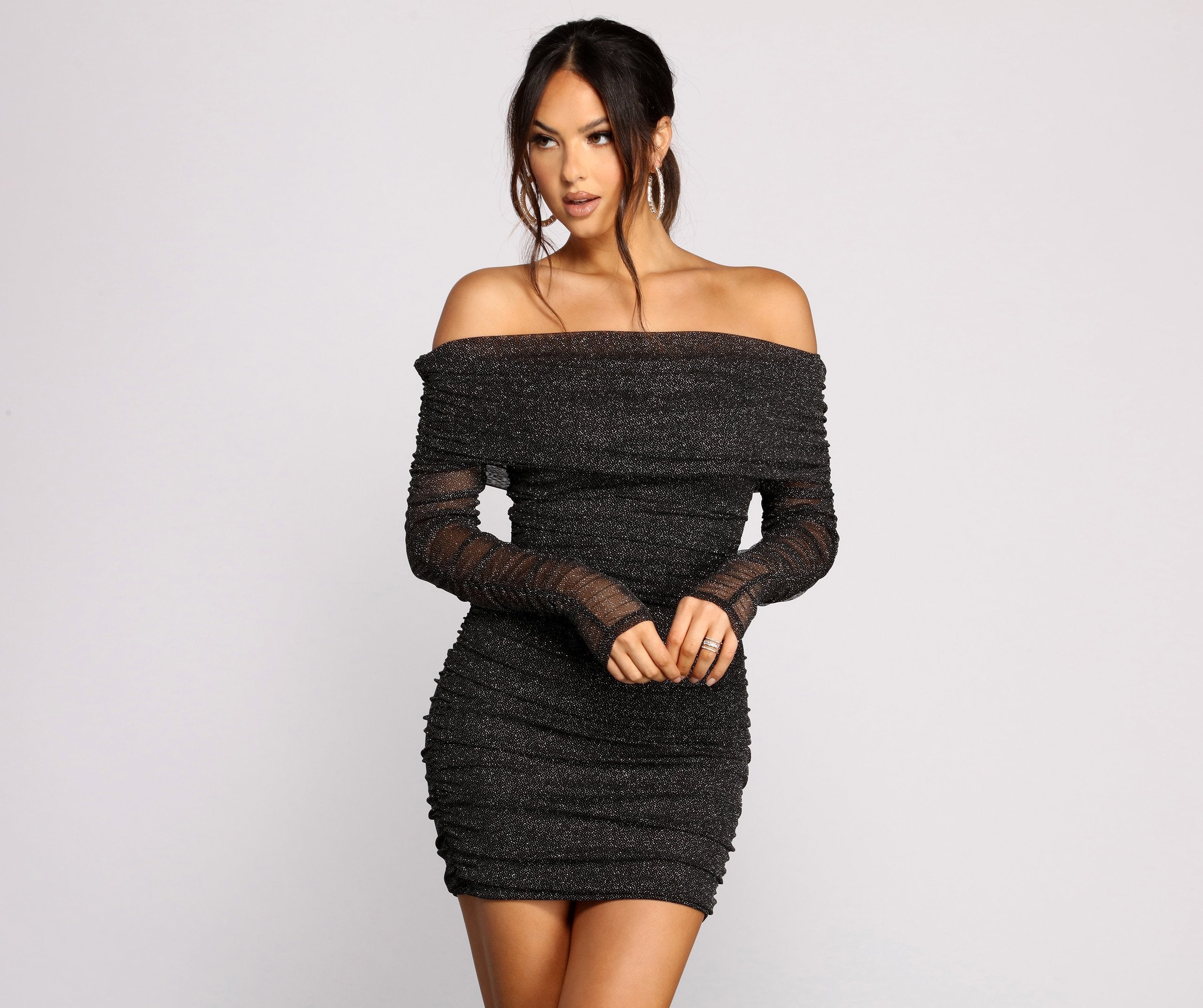 Off Shoulder Ruched Long Sleeve Glitter Knit Bodycon Mini Dress