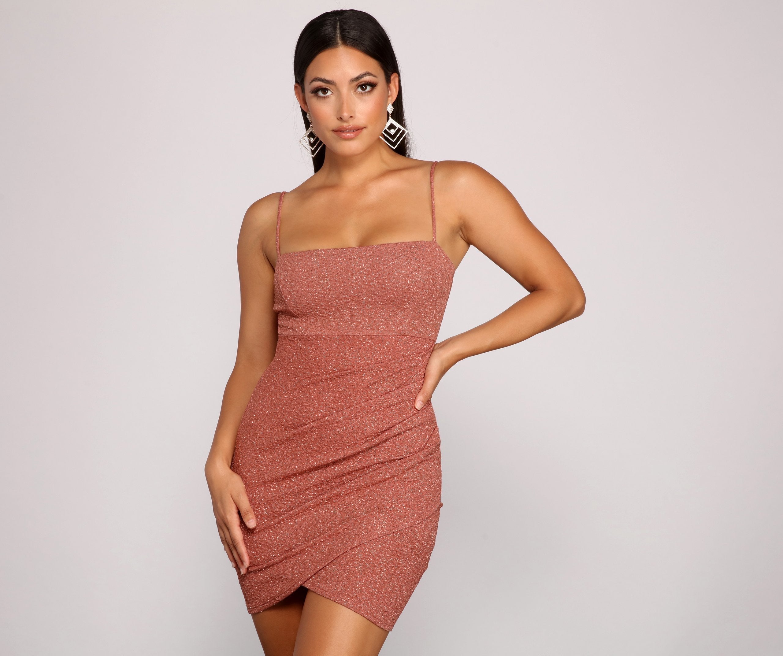 Square Neck Spaghetti Strap Ruched Glitter Knit Tulip Hem Mini Dress