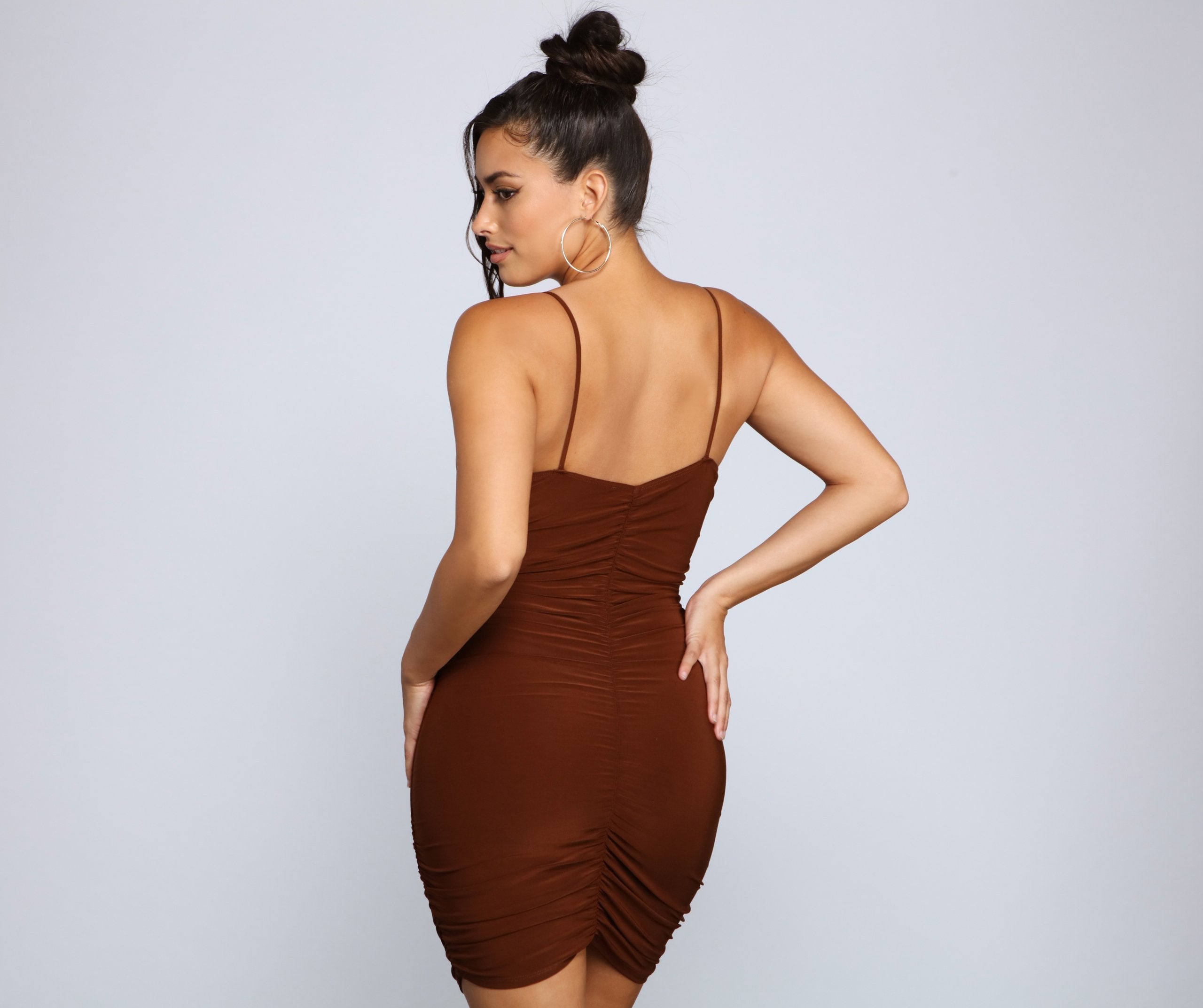 Spaghetti Strap Surplice V-Neck All Over Ruched Bodycon Mini Dress