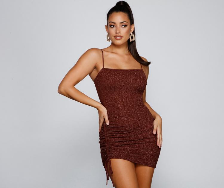 Square Neck Glitter Side Ruched Drawstring Bodycon Mini Dress
