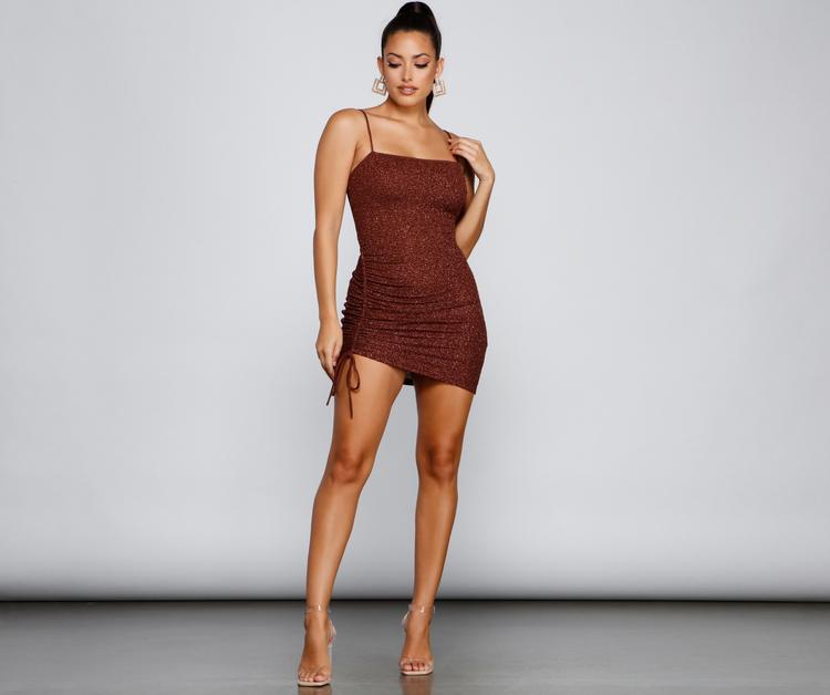 Square Neck Glitter Side Ruched Drawstring Bodycon Mini Dress