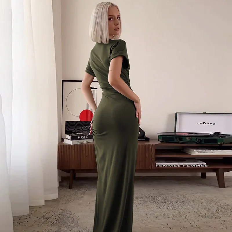 Women's Elegant O Neck Maxi Dress Short Sleeve Slim High Waist Shirring Dress Sexy Side Slit Evening Club Bodycon Dress Lady 16 Women's Elegant O Neck Maxi Dress Short Sleeve Slim High Waist Shirring Dress Sexy Side Slit Evening Club Bodycon Dress Lady