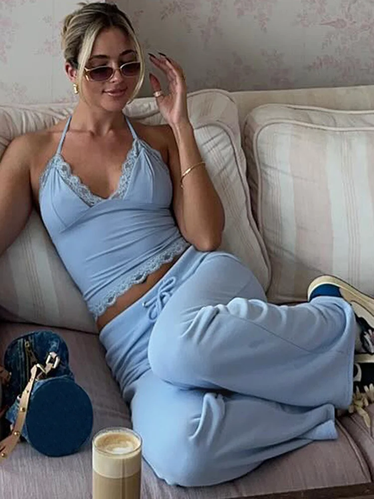 Ootddress Women Sexy V-neck Strapless Wide-Leg pants Suit Lace V Neck Top Solid Lace-up Long Trousers Summer Fashion Two Piece Sets 22 Ootddress Women Sexy V-neck Strapless Wide-Leg pants Suit Lace V Neck Top Solid Lace-up Long Trousers Summer Fashion Two Piece Sets