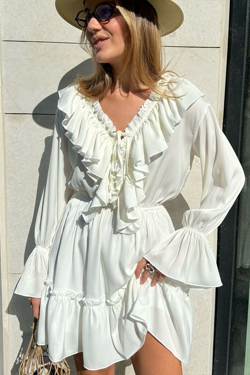 V-Neck Lace-Up Ruffle Trim Balloon Sleeve Mini Dress