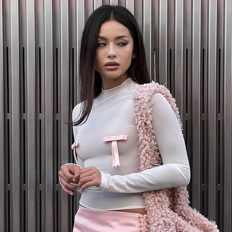 Ootddress Splice Bow Shirts For Women Slim O Neck Long Sleeve Crop Tops Female 2025 Autumn Fashion Bodycon White Tshirts Ladies New