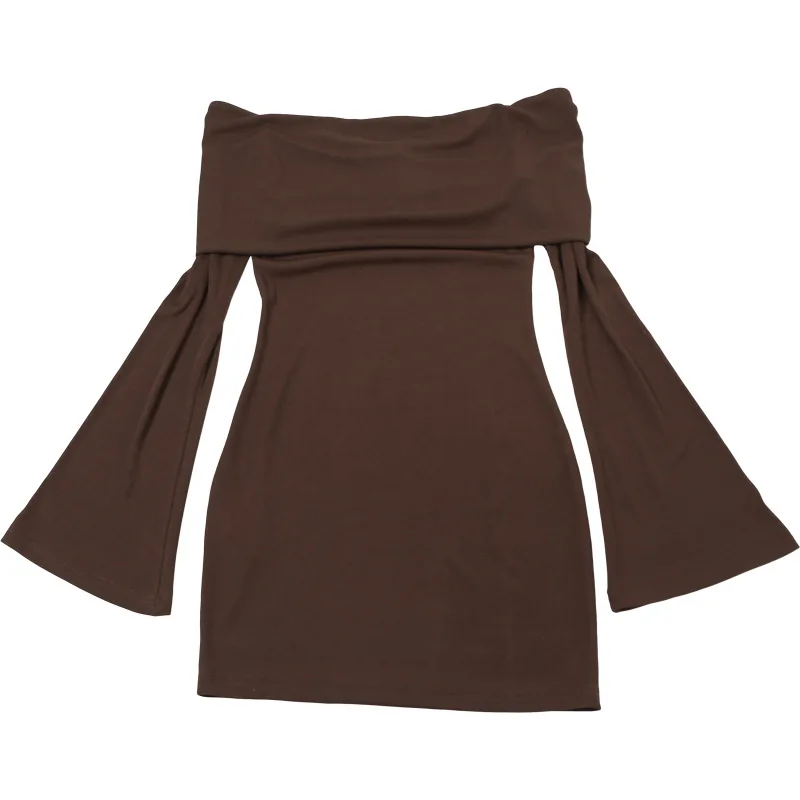 Ootddress Vintage Pleated Slim Mini Dress Women Off-Shoulder Fashion Long Sleeve Patchwork Party Dress Female Solid Backless Drerss