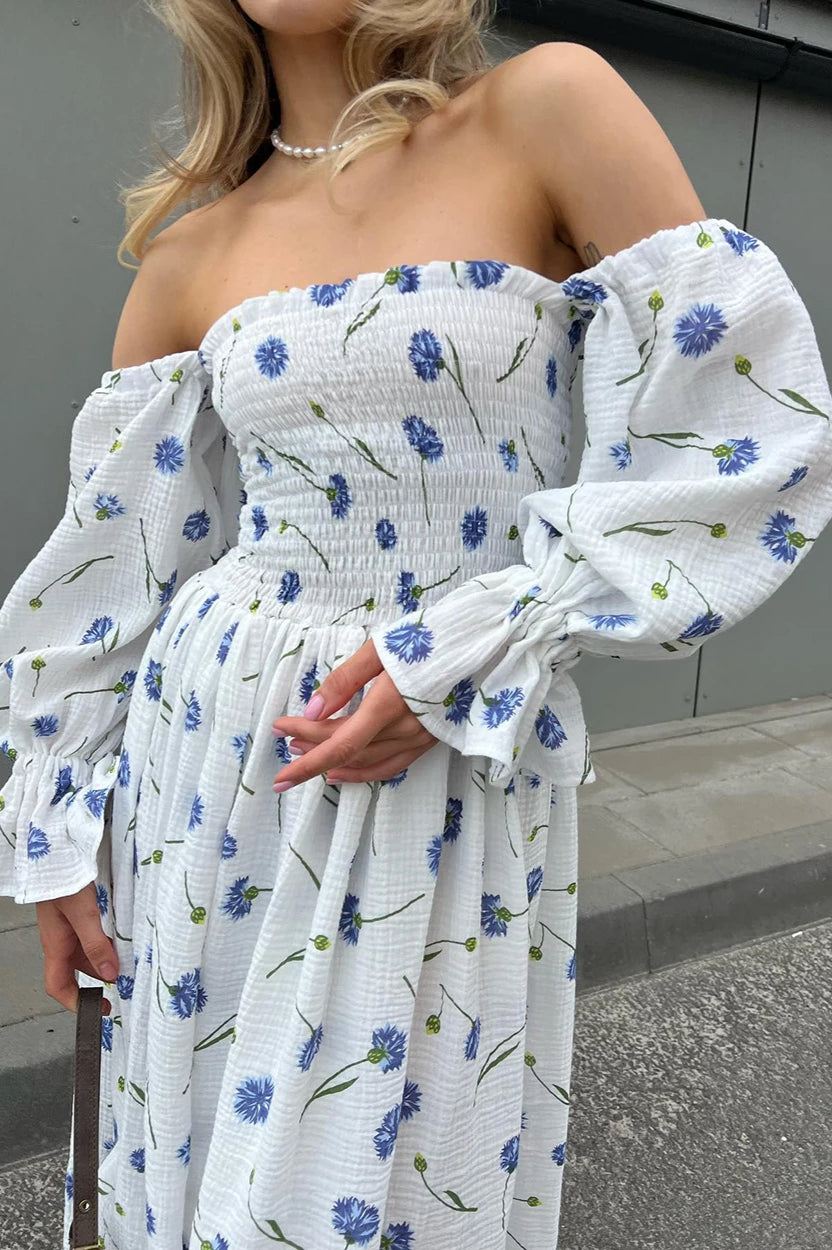 Floral Print Off Shoulder Smocked Puff Sleeve High Split Maxi Dress