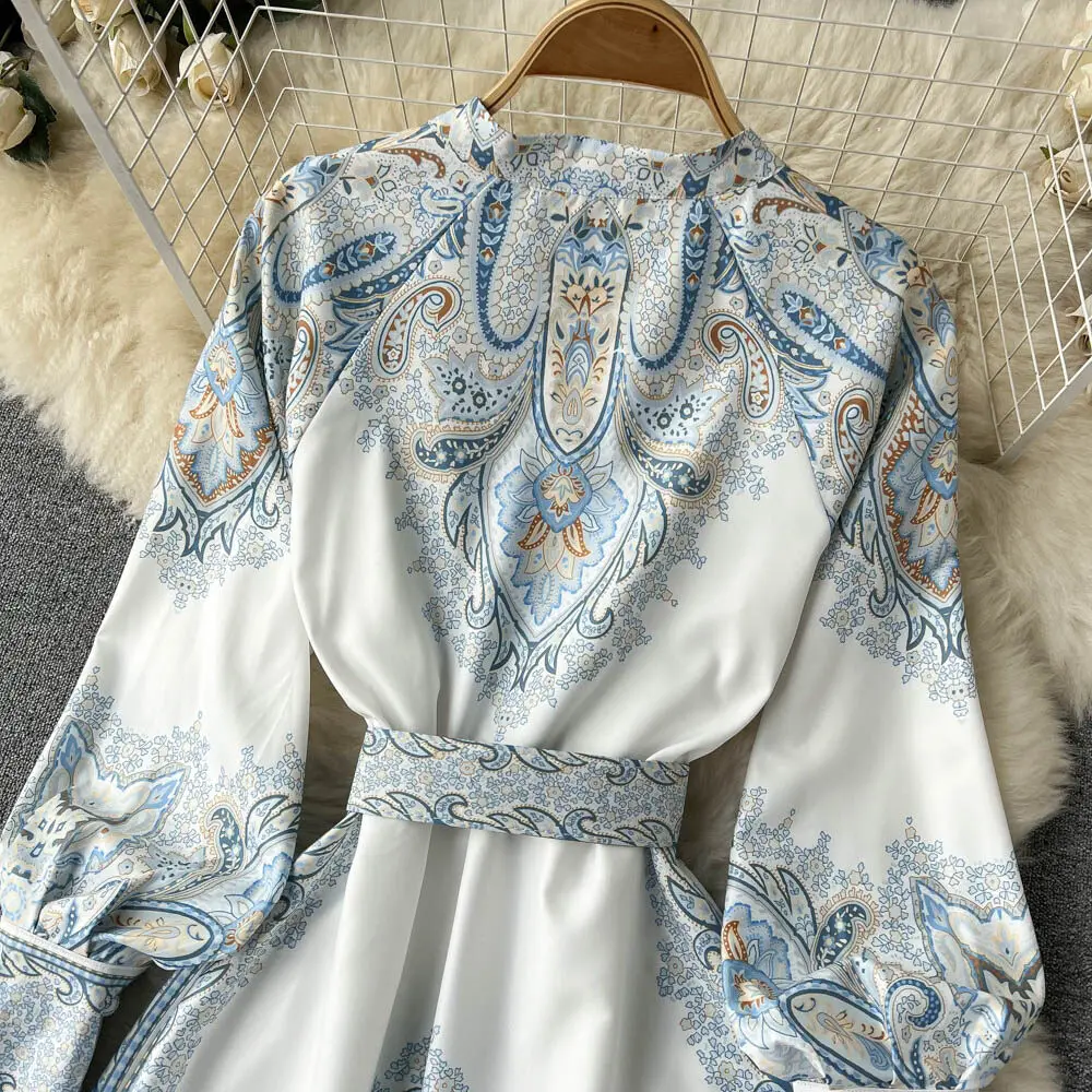 New Women Vintage Party Dress Fashion Long Sleeve Single Breasted Stand Collar Elegant Printed Long Dresses Spring Autumn Robe