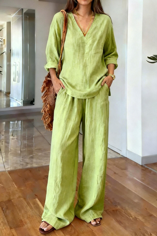 Linen Blend V-neck Long-sleeved Loose Top and Elastic Waist Casual Pocket Pants Set