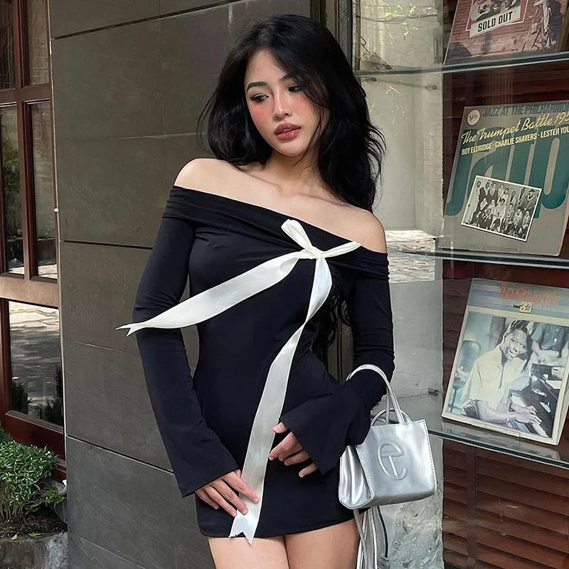 Ootddress Black One Shoulder Backless Long Sleeve Slim Fit Bow Embellished Package Hip Dress Hottie Sweety Girls Autumn Wearing