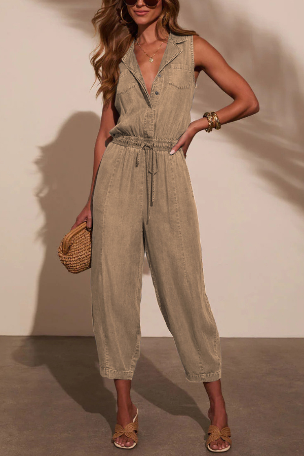 Stylish Collared Sleeveless Elastic Waist Tie Casual Pocket Denim Jumpsuit