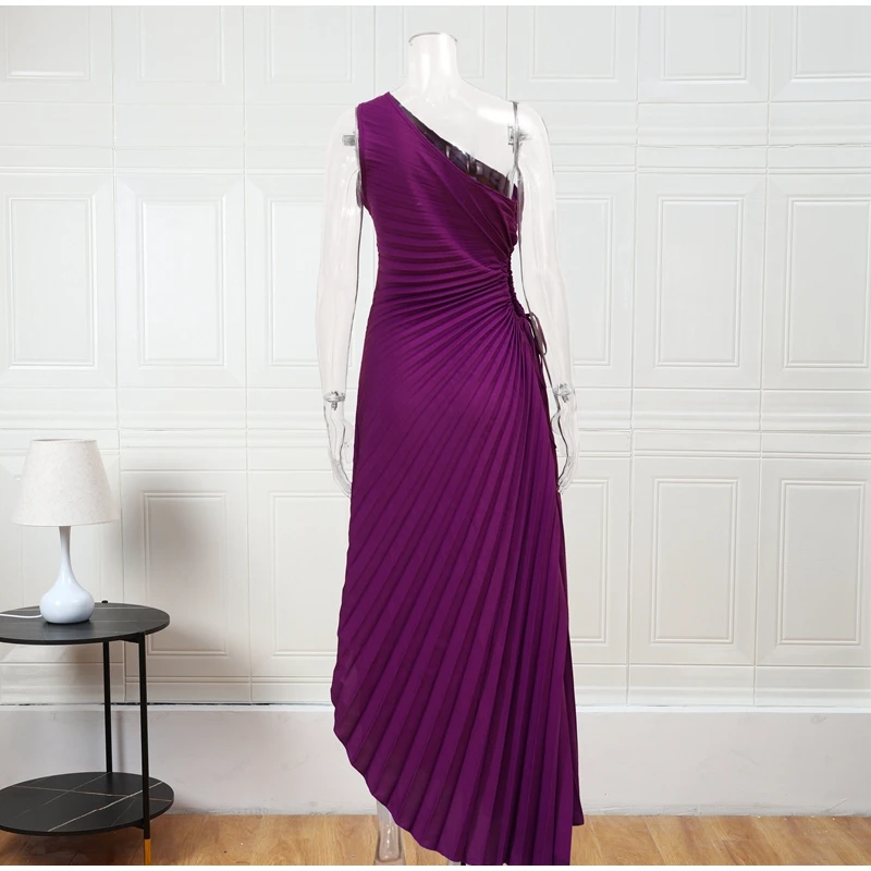 Ootddress Elegant Female Sexy Dress Gown Pleated One-Shoulder Sleeveless Summer Party Dress Fashion Slim Solid For Women Maxi Dress