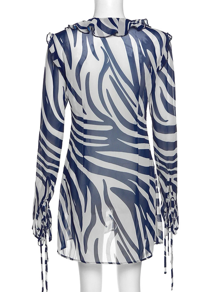 JULISSA MO Chiffon Sheer Bandage V-Neck Longsleeve Mini Dress For Women Sexy Zebra Print Slim See Through Beach Holiday Dresses