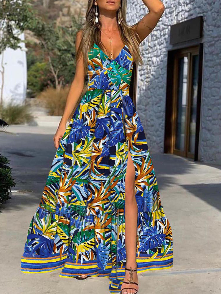 Tropical Leaf Print Deep V-Neck Spaghetti Strap High Slit Tiered Ruffle Maxi Dress