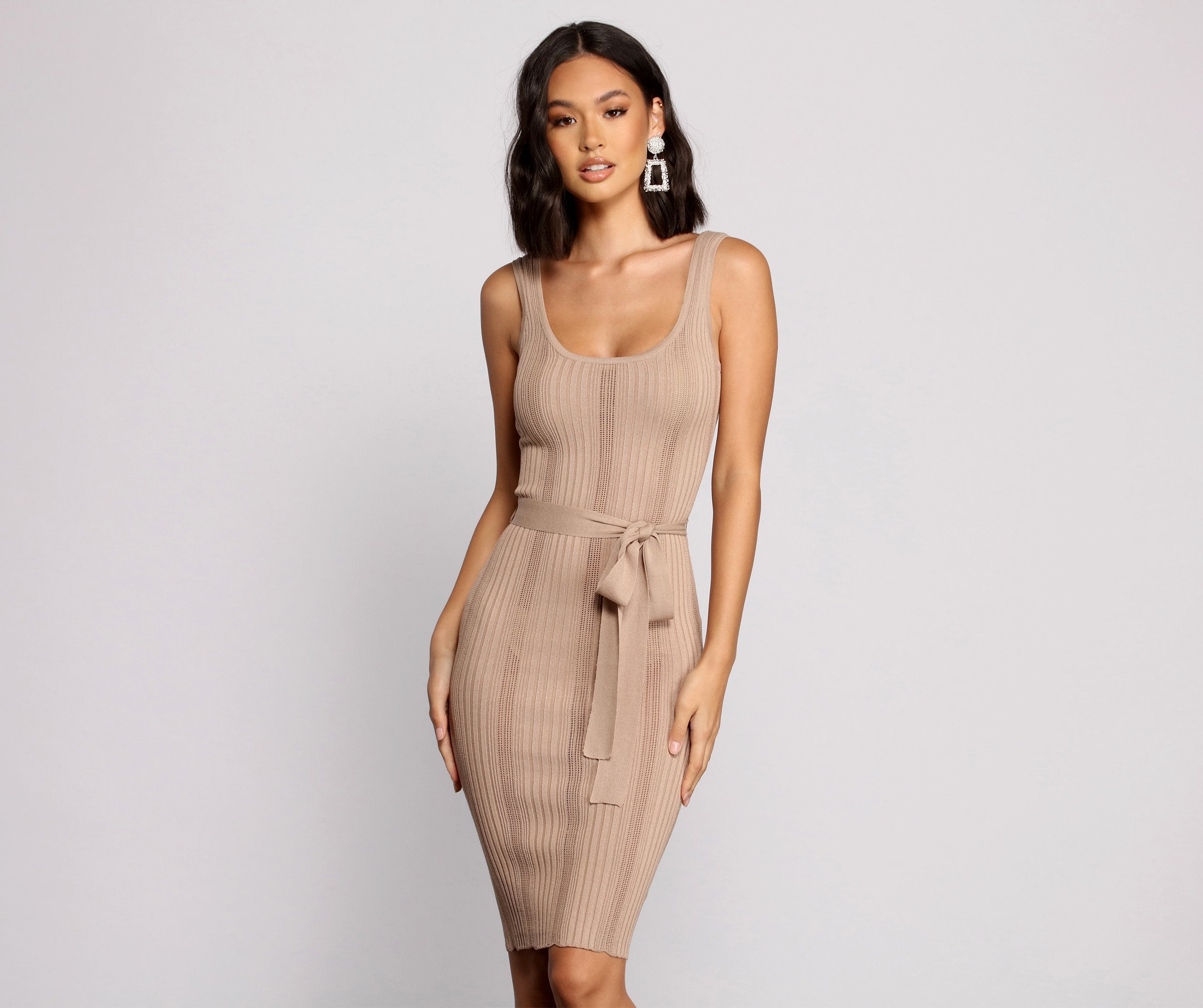 Ribbed Knit Scoop Neck Self-Tie Belt Sleeveless Bodycon Midi Dress