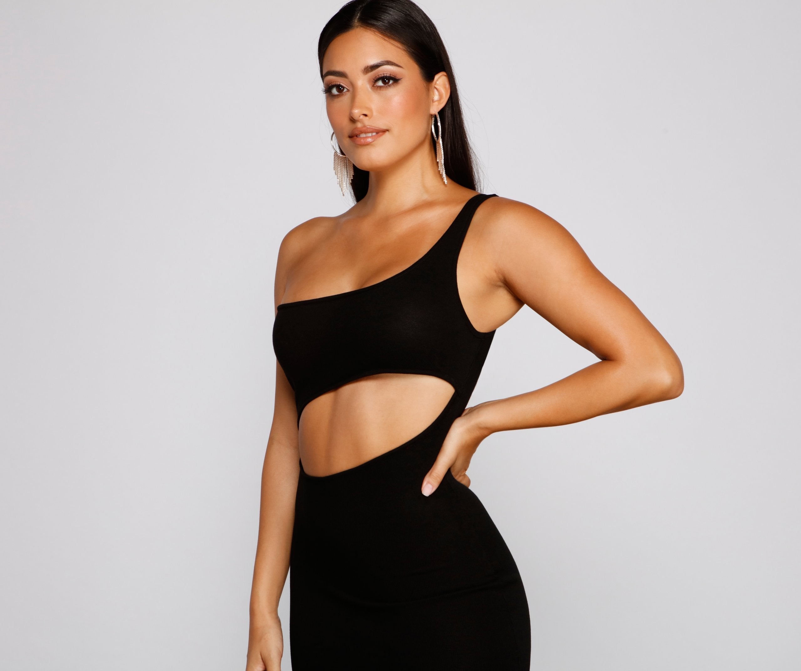 Ribbed Knit One-Shoulder Side Cutout Bodycon Mini Dress