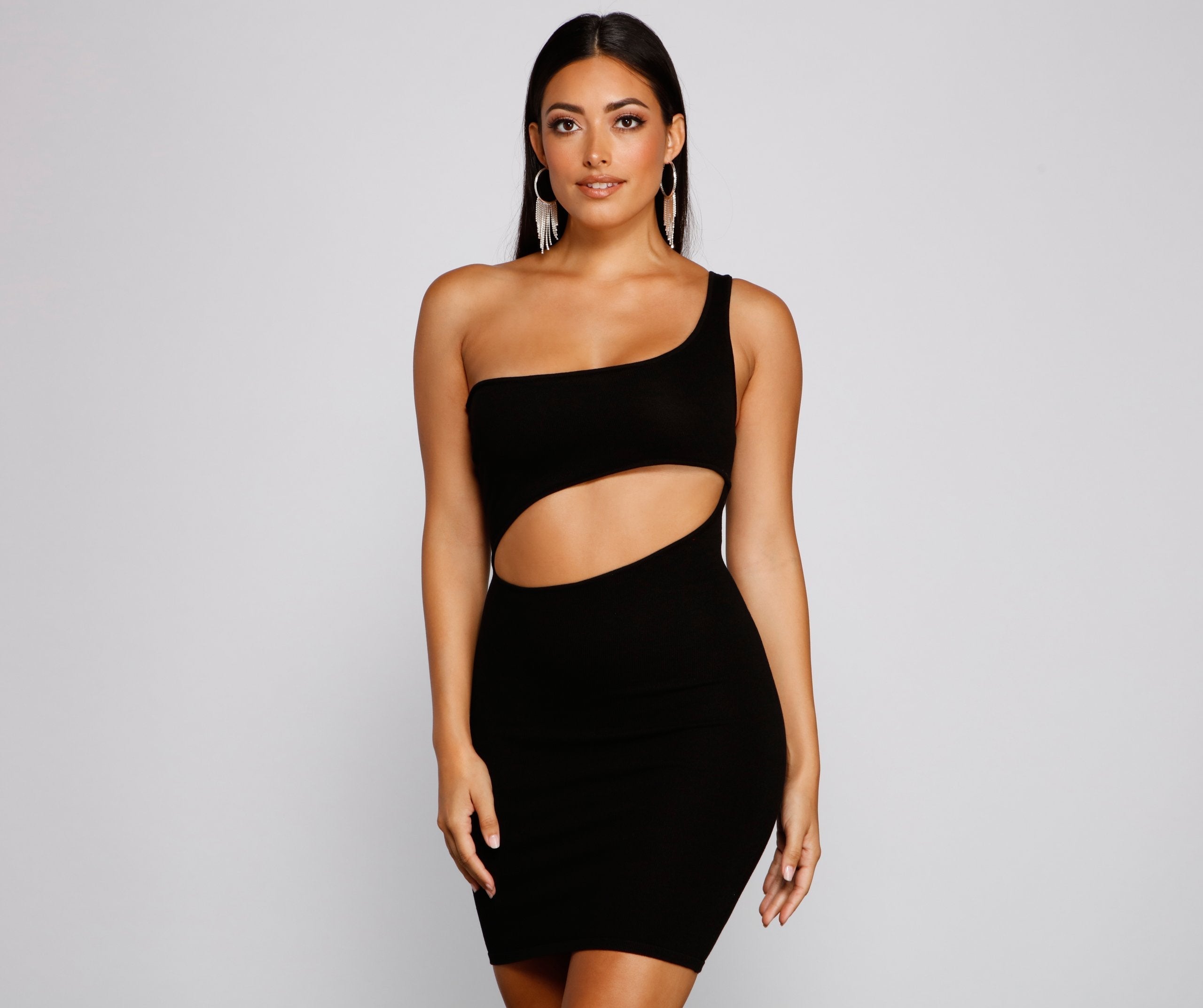 Ribbed Knit One-Shoulder Side Cutout Bodycon Mini Dress