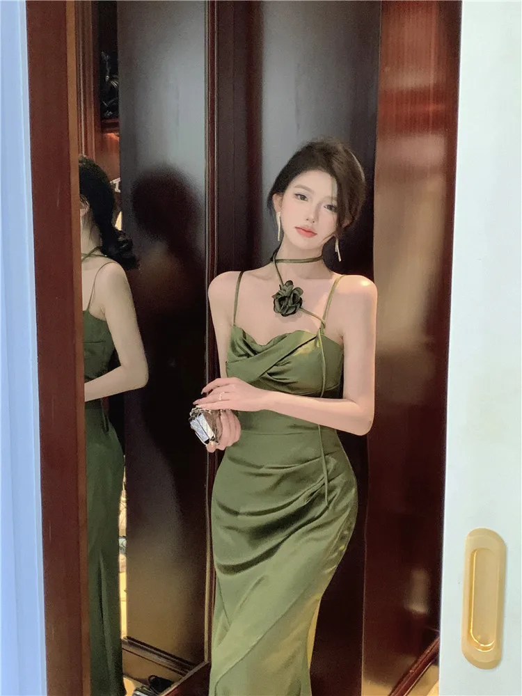 Elegant Solid Satin Midi Dress Women Spaghetti Strap Bodycon 3D Flower High Waist Slim Evening Party One Piece Lady Vestidos