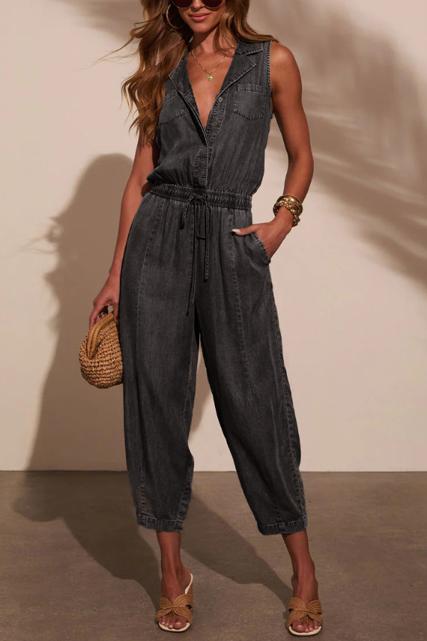 Stylish Collared Sleeveless Elastic Waist Tie Casual Pocket Denim Jumpsuit
