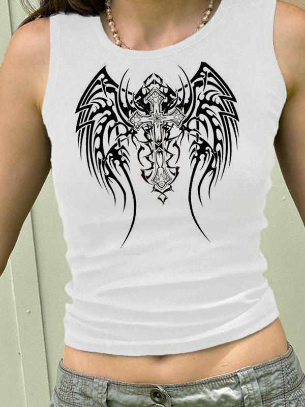 Dark Style Cross Wings Print Ribbed Cropped Tank Top