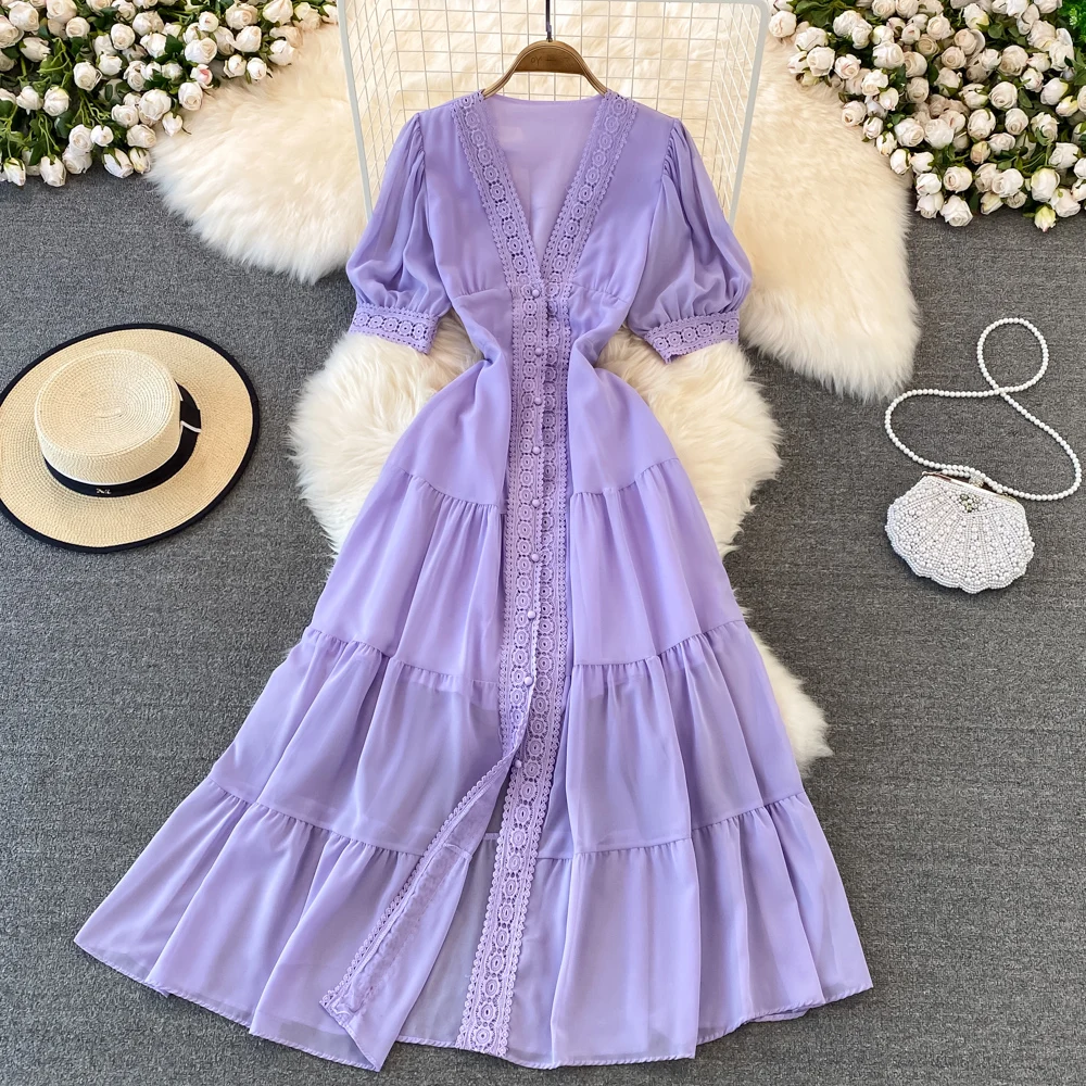 New Women Vintage Party Dress Summer Puff Sleeve Sexy V Neck Lace Single-breasted Long Dresses Ladies A Line Elegant Long Robe 29 New Women Vintage Party Dress Summer Puff Sleeve Sexy V Neck Lace Single-breasted Long Dresses Ladies A Line Elegant Long Robe