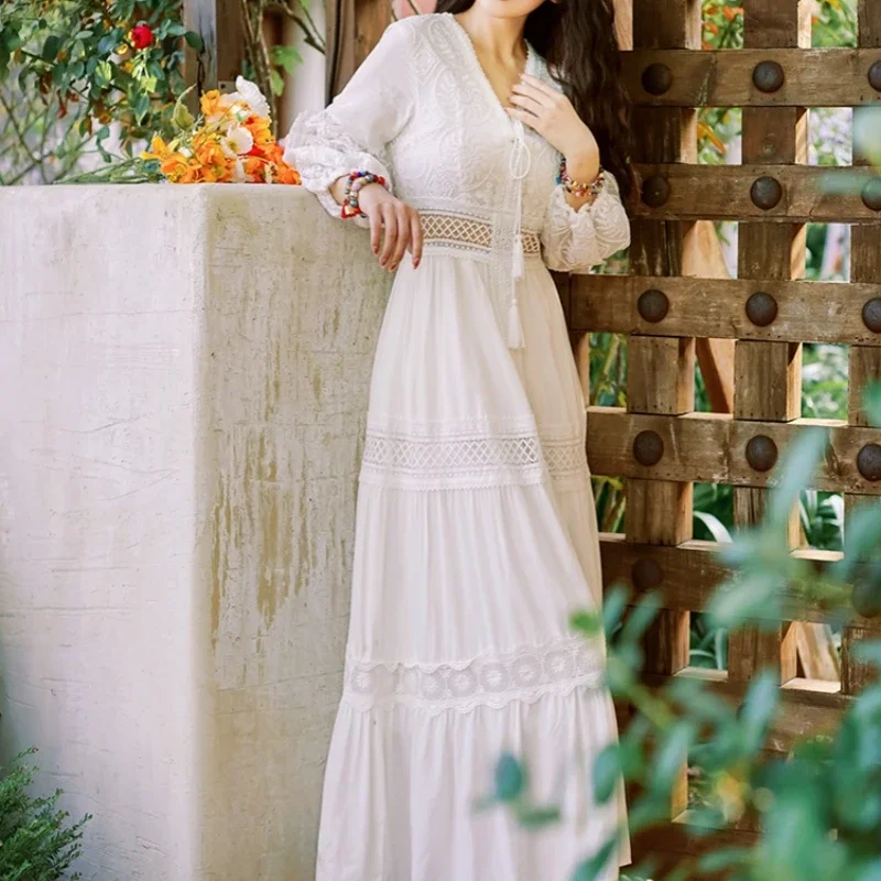 Bohemian White Beach Dress Women Elegant Party Dresses Spring Auutm V-neck Sexy Hollow Out High Waist Long Robe Vestidos