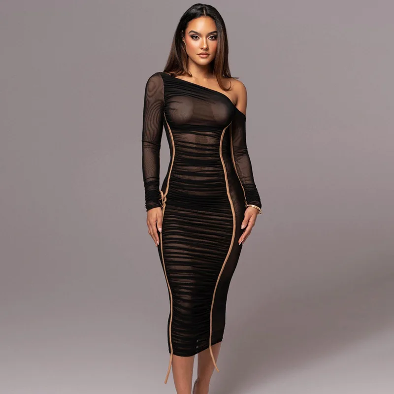 Ootddress White Mesh Off-Shoulder Maxi Dress Female Long Sleeve Patchwork Fashion Contrast Summer Backless Ladies Party Long Dress