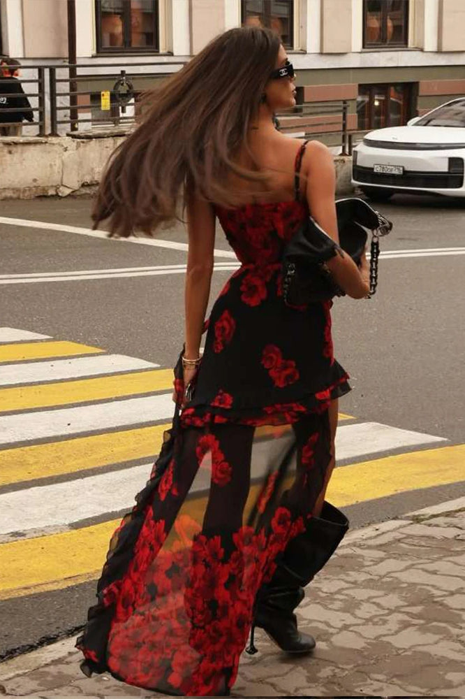 Large Print Sweetheart Spaghetti Strap High-Low Ruffle Hem Mini Dress