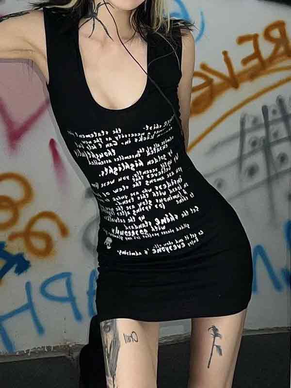 Letter Print U Neck Wrap Hip Mini Dress