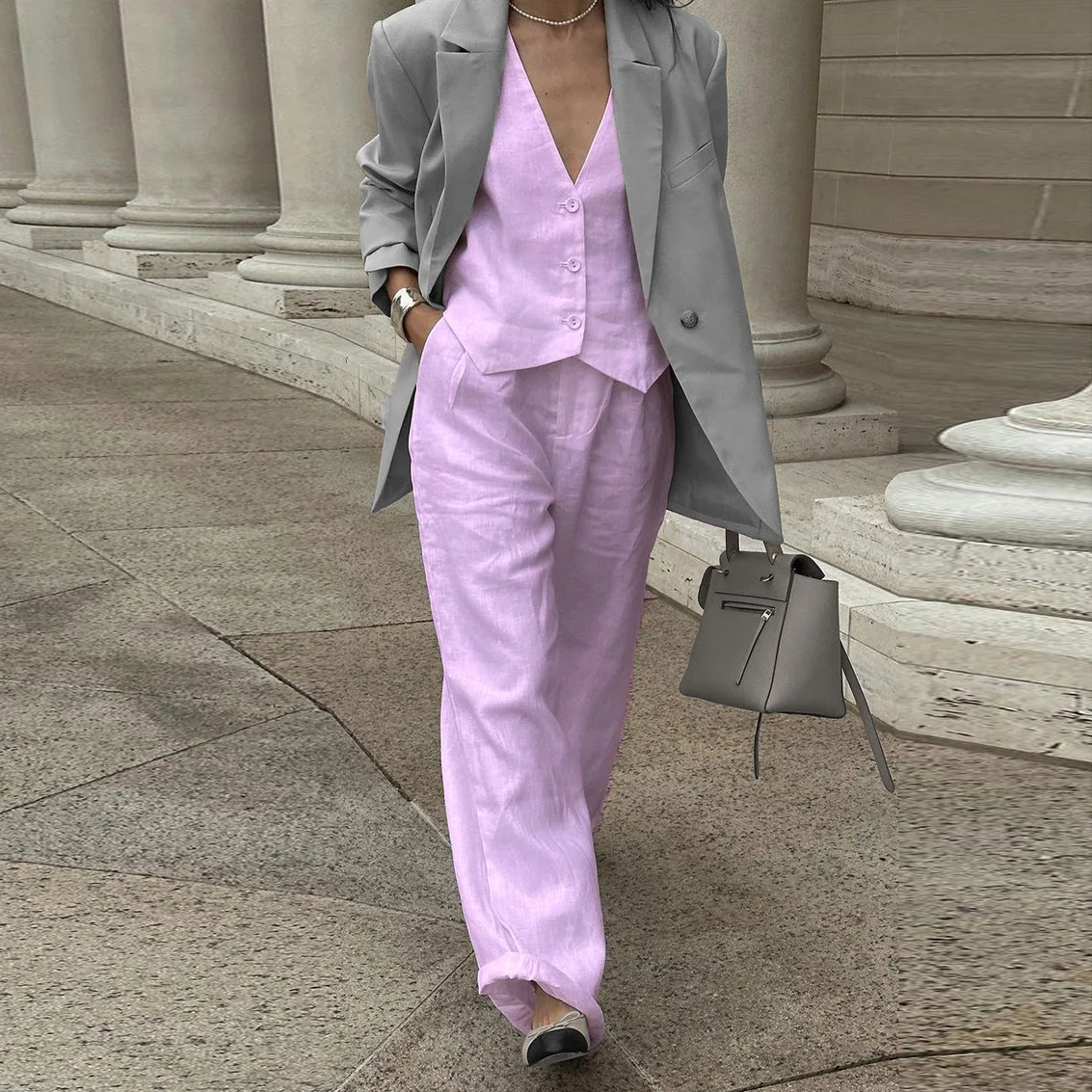 Ootddress Casual Women 2 Piece-Set Straight Legg And Sleeveless Top Vestidos Sets Slim V-Neck Summer Pocket Fashion Trousers Sets