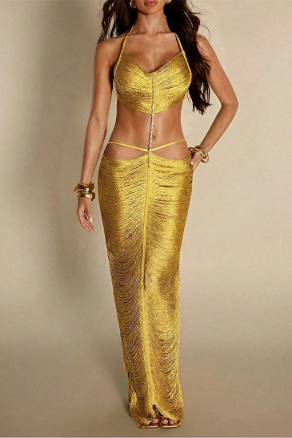 Aurelia  Metallic Fringe Maxi Dress