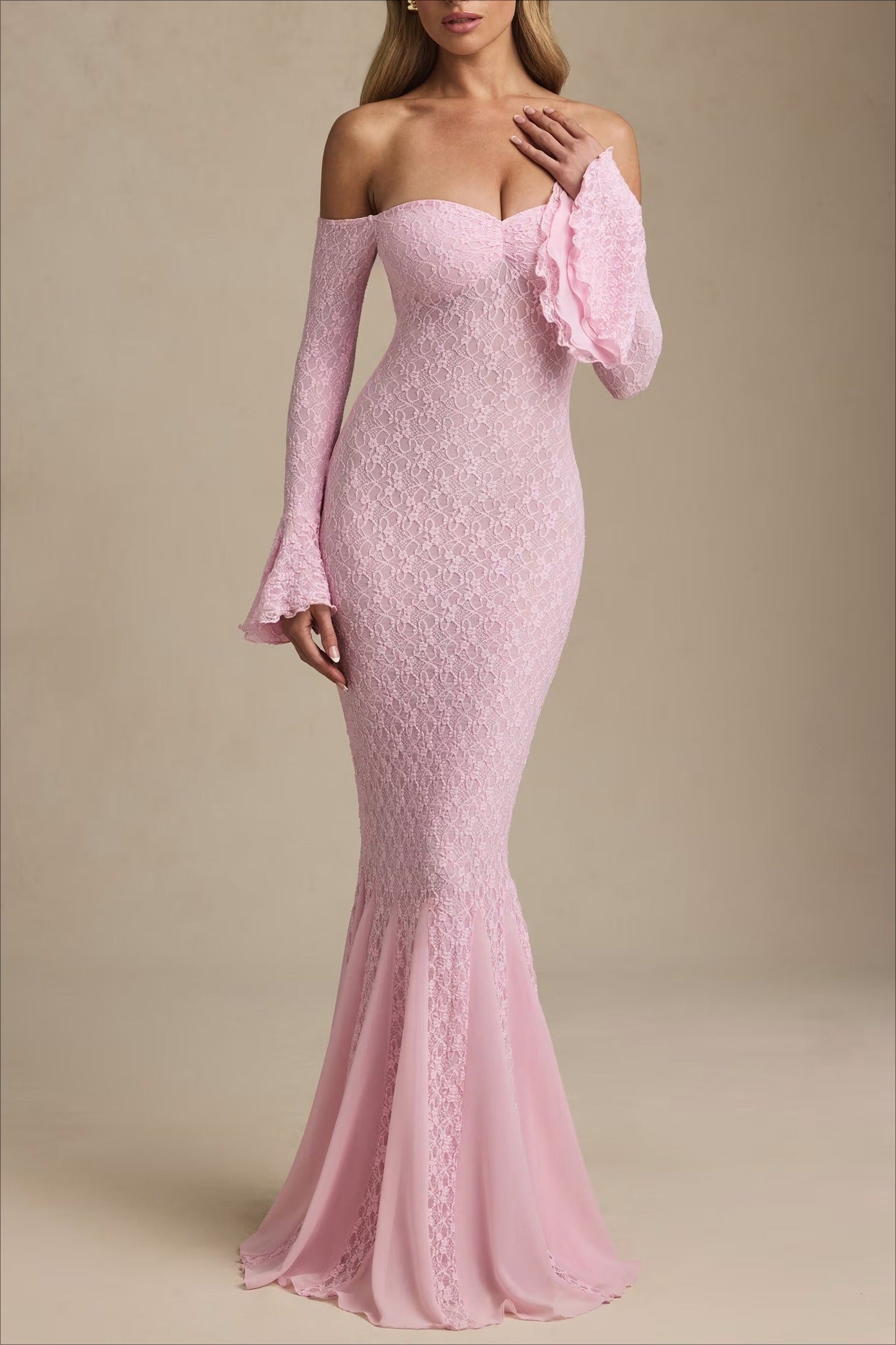 Sequin Off Shoulder Sweetheart Long Bell Sleeve Mermaid Formal Gown