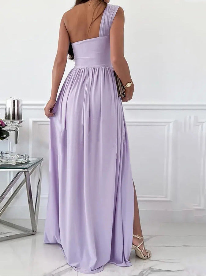 One-Shoulder Ruched Front Tie High Slit Flowy Maxi Dress