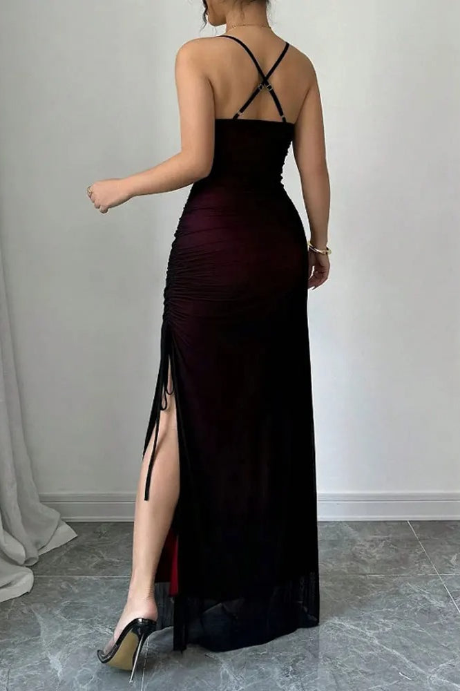 Mesh Overlay Ruched Spaghetti Strap Square Neck High Split Bodycon Maxi Dress