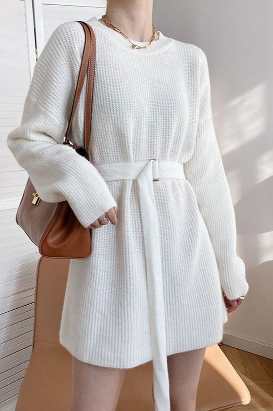 Rib Knit Belted Square Buckle Balloon Sleeve Sweater Mini Dress