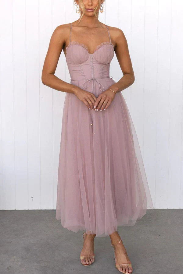 Sweetheart Neck Spaghetti Strap Corset Lace Up Tulle Skirt Midi Dress
