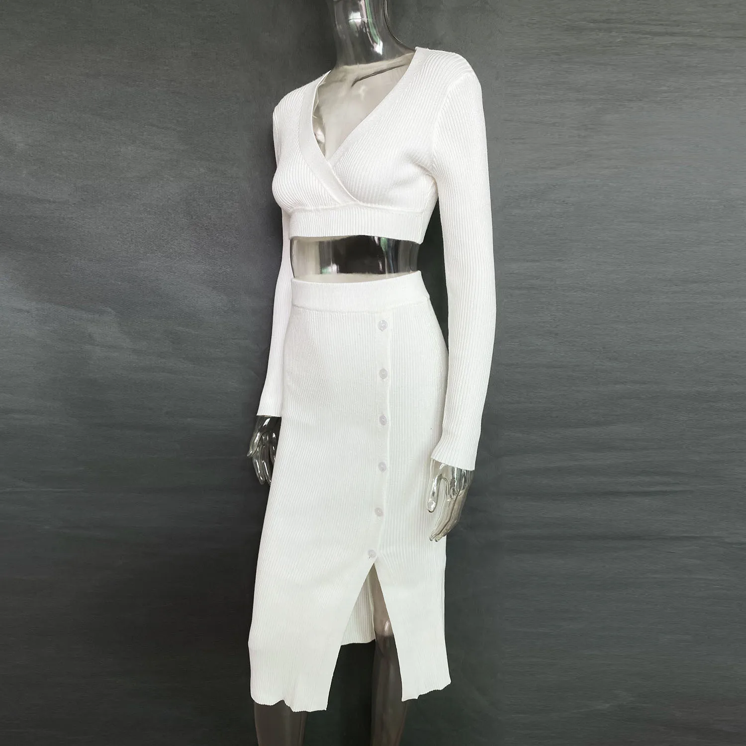 Ootddress V-Neck Crop Top ANd Midi Skirt Sets Autumn Wrap Slim Bodycon Casual 2 Piece Sets Dress Outfits Women's Knitted Suit 2025