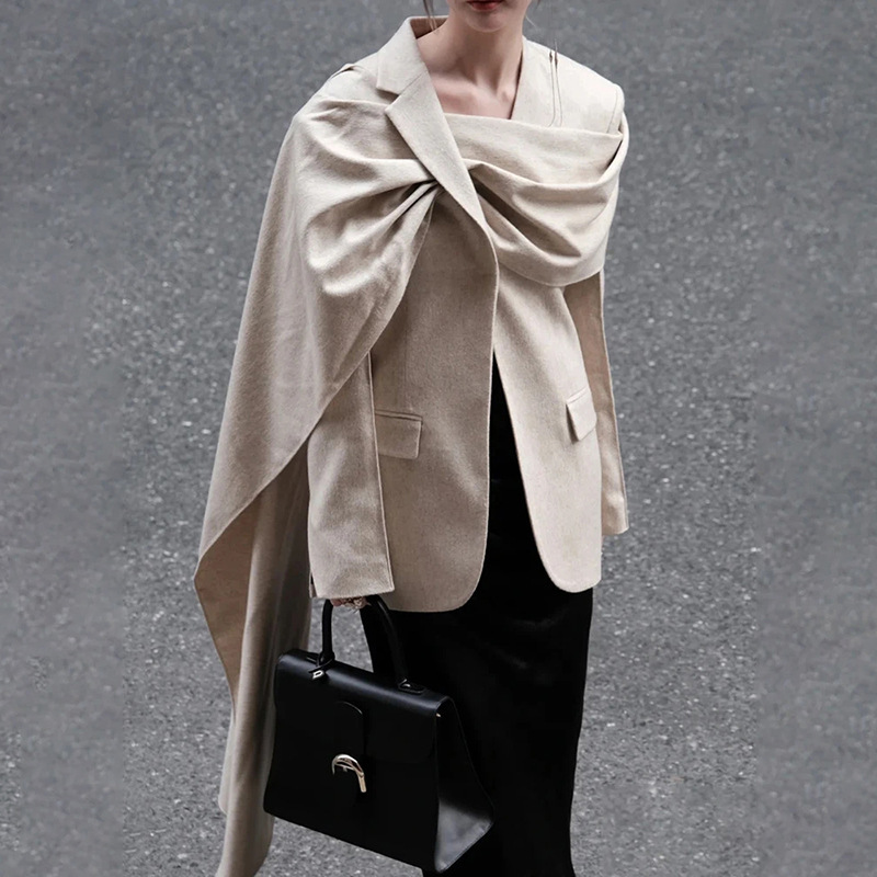 Ootddress Scarf Collar Blazer Women 2025 Autumn Winter Fashionable Slim Coat For Woman Luxury Jacket Street Casual Cardigan Femme